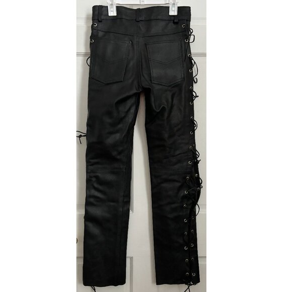 Leather Lace Up Side Pants Black XS Vintage Size 28 Tie ARD Champs Genuine Biker - Picture 7 of 11